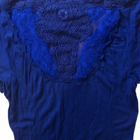 Free People Brand Crochet Lace Blue Tee - Picture 3 of 7